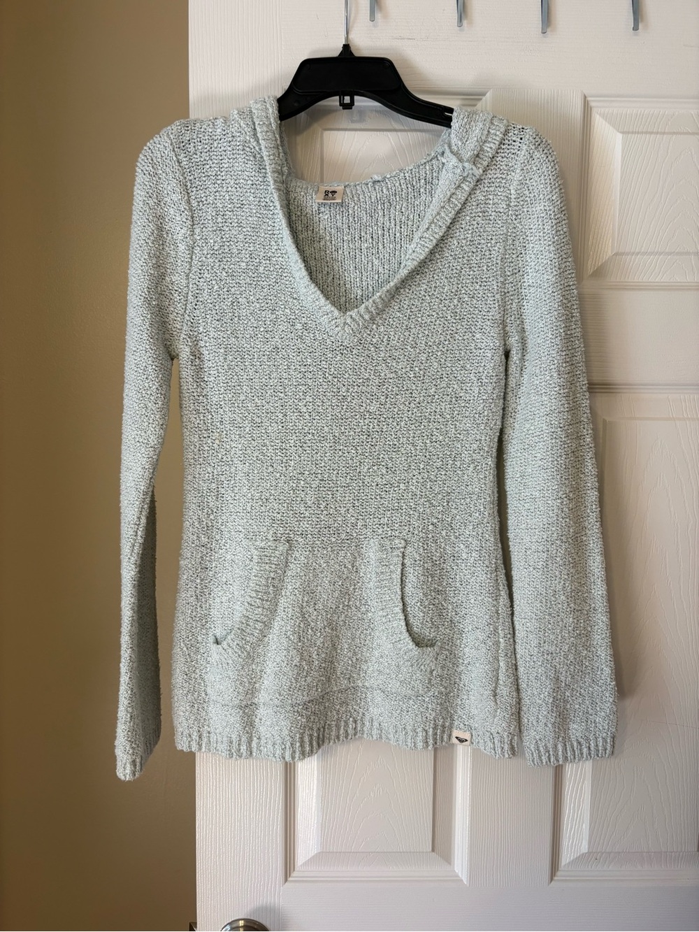 Roxy Hooded Knit Sweater Light Blue V-Neck Kangaroo Pocket Cozy Beach